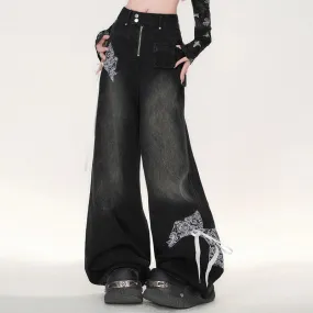 American Retro Black Lace Wide-leg Jeans