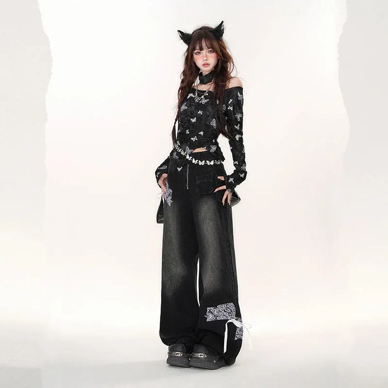 American Retro Black Lace Wide-leg Jeans