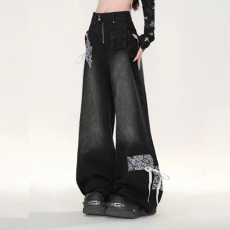 American Retro Black Lace Wide-leg Jeans