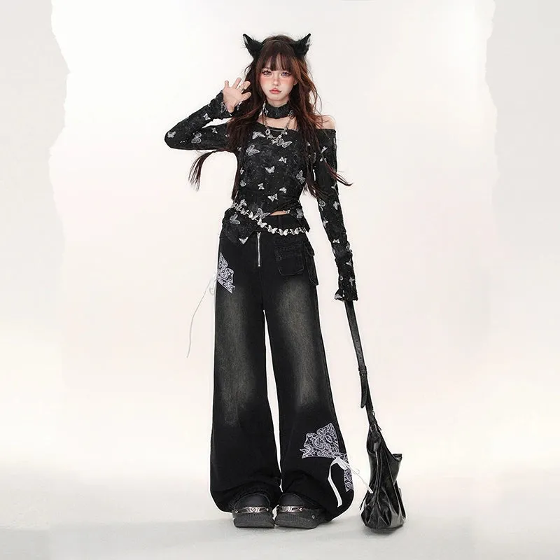 American Retro Black Lace Wide-leg Jeans
