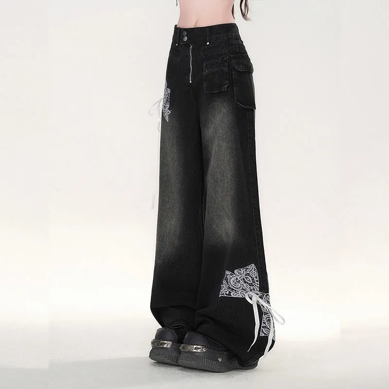 American Retro Black Lace Wide-leg Jeans