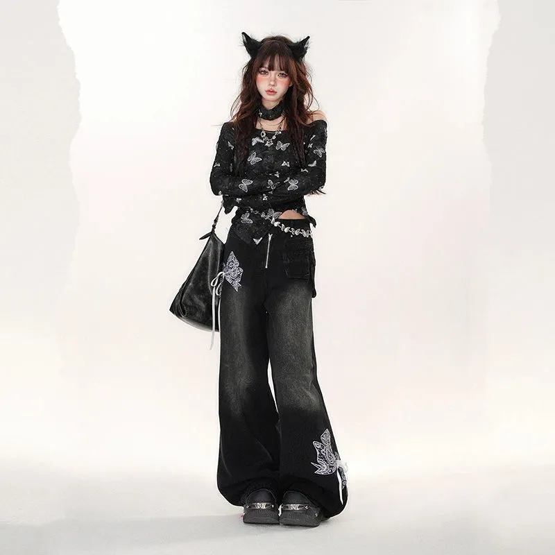American Retro Black Lace Wide-leg Jeans