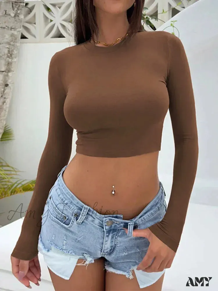 AMY FASHION - Stretch Casual Solid All-match Female Autumn Crop Top