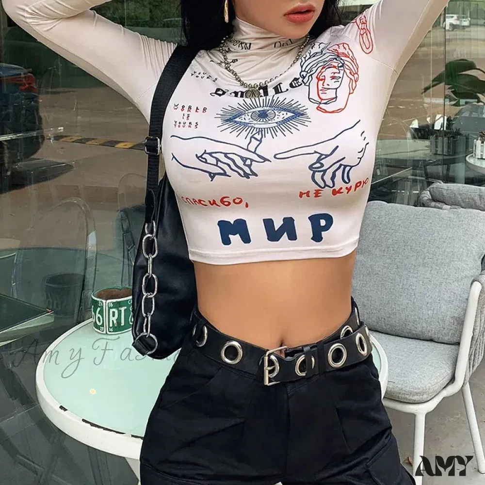 AMY - High Street Casual Funny Print Stretch Slim Autumn Crop Top