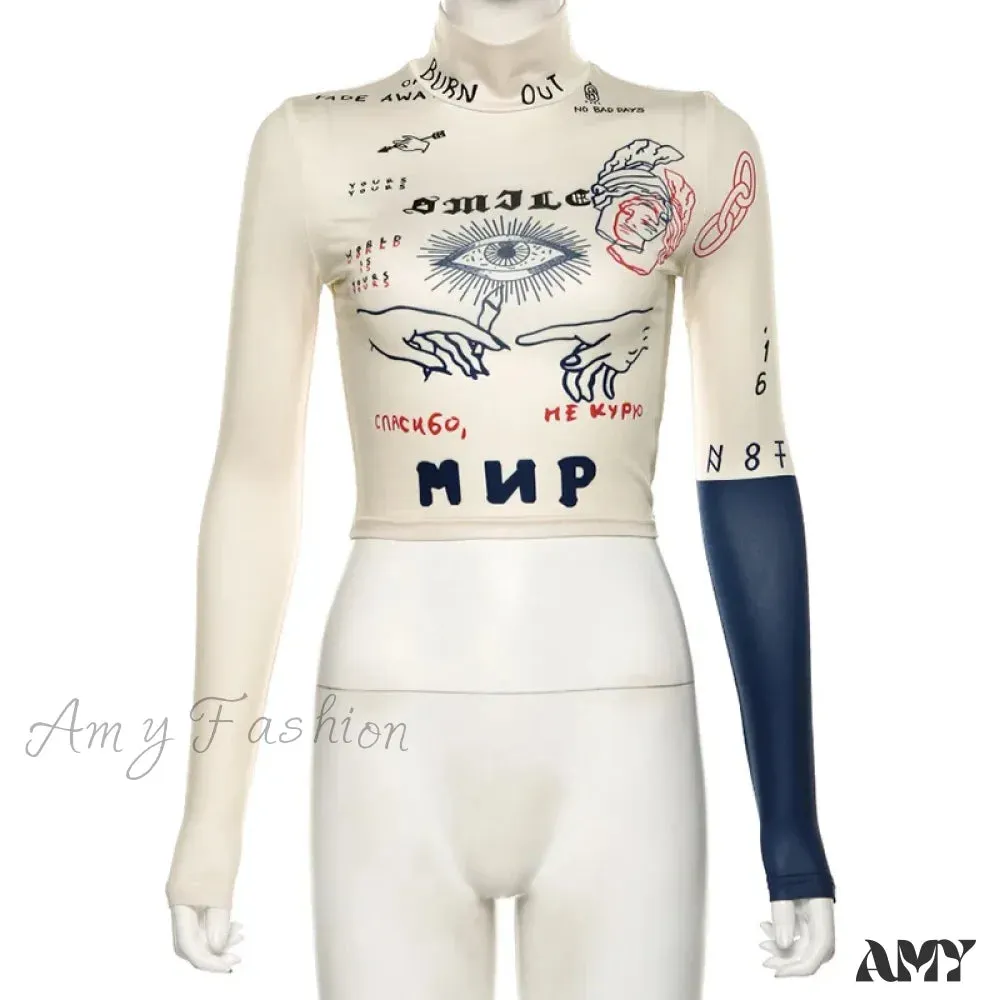 AMY - High Street Casual Funny Print Stretch Slim Autumn Crop Top
