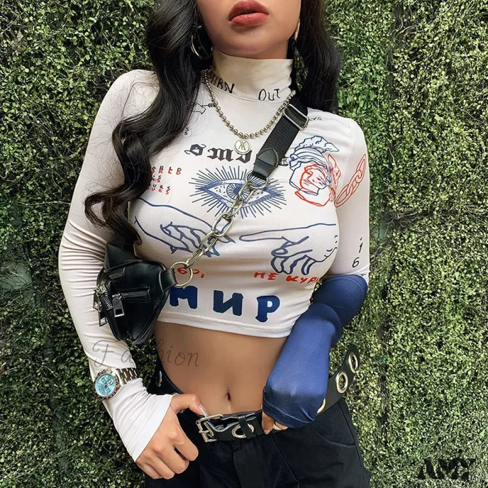 AMY - High Street Casual Funny Print Stretch Slim Autumn Crop Top