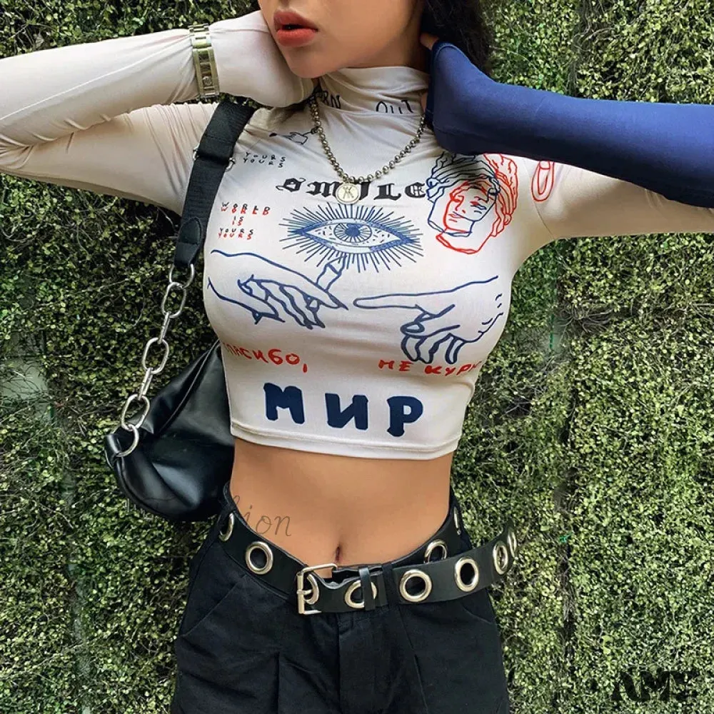 AMY - High Street Casual Funny Print Stretch Slim Autumn Crop Top