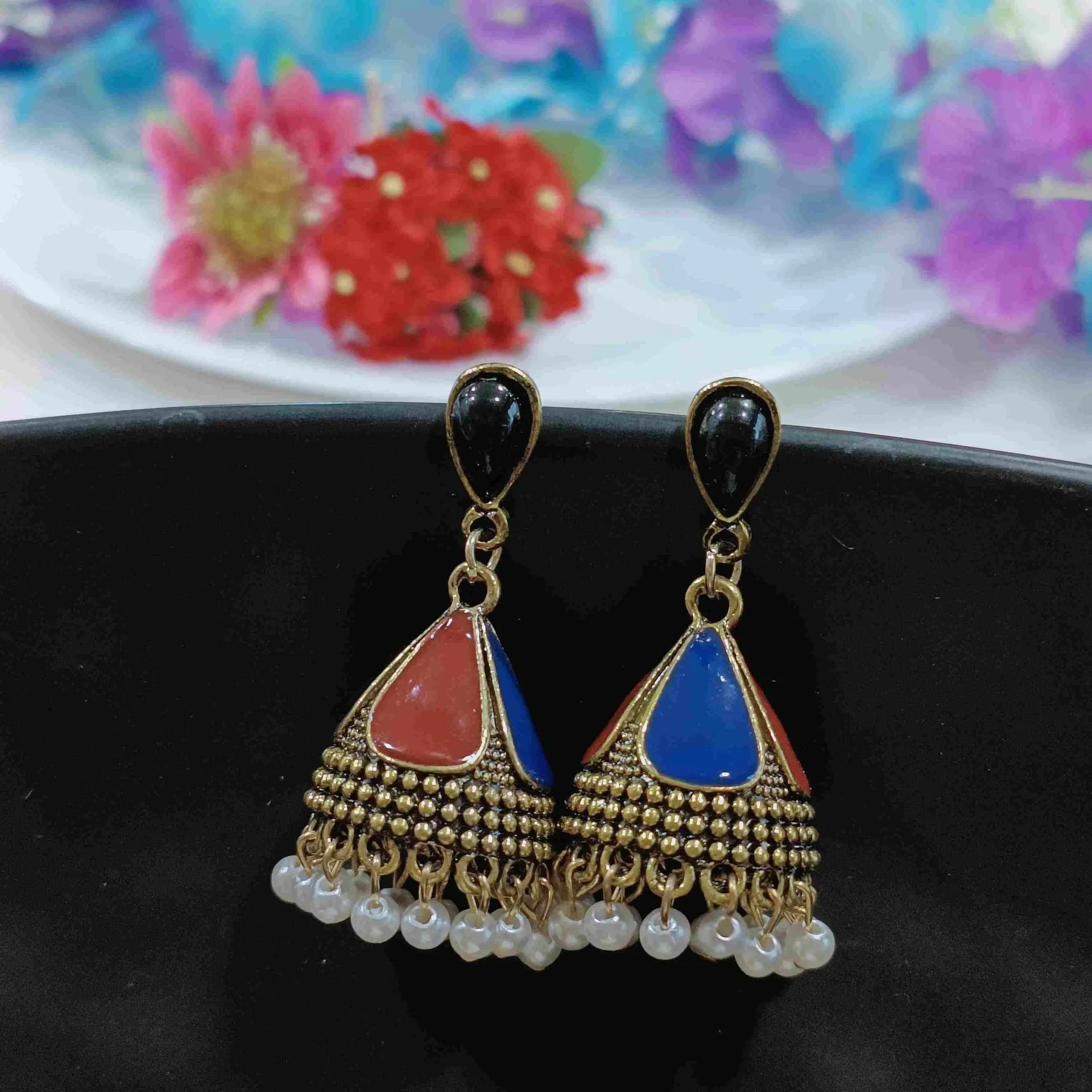 Antique Gold Plated Multi Coloured Enamel White Pearl Jhumka Earring