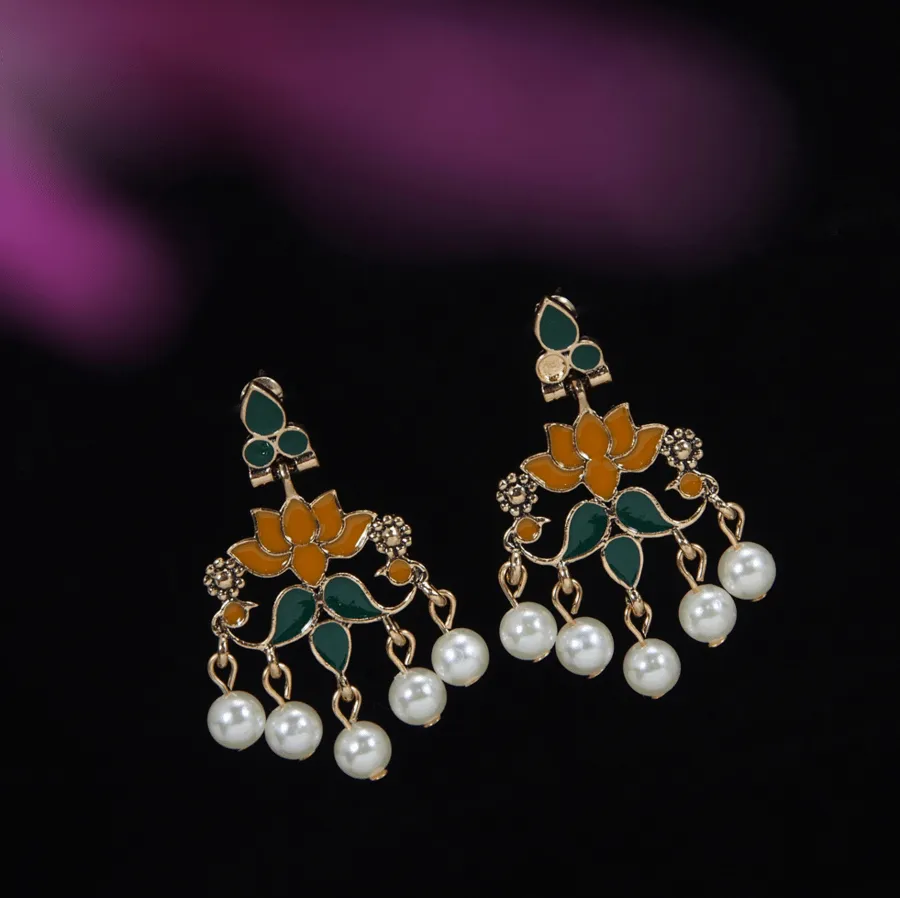 Antique Gold /Silver Plated Enamel Lotus Designed Dangling Pearl Earring