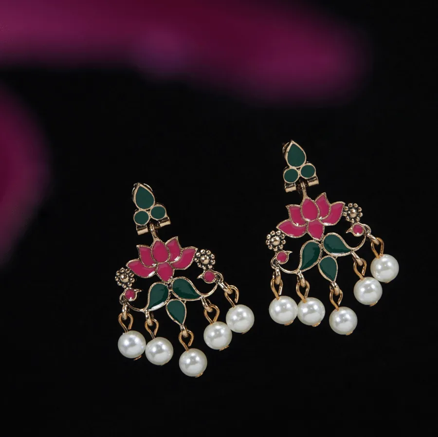 Antique Gold /Silver Plated Enamel Lotus Designed Dangling Pearl Earring