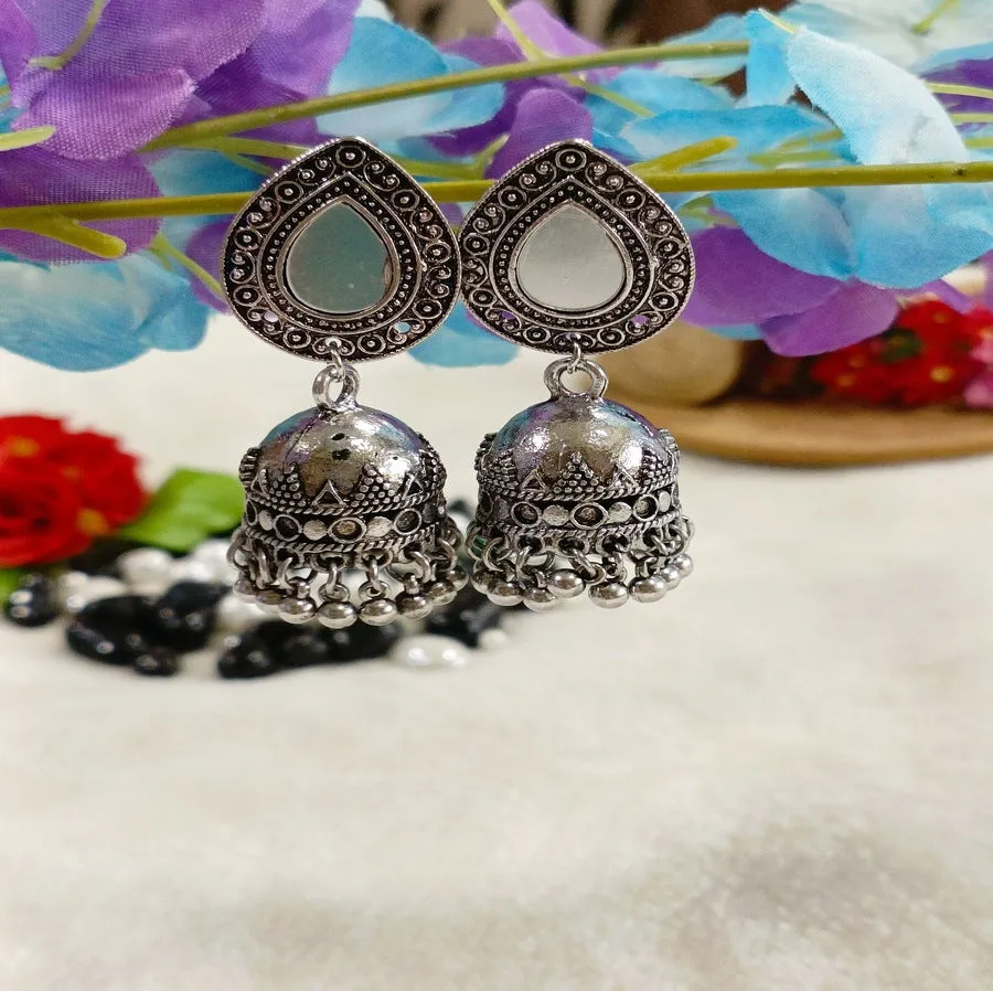 Antique Silver Plated Tear Drop Shaped Mirror Jhumka Earring