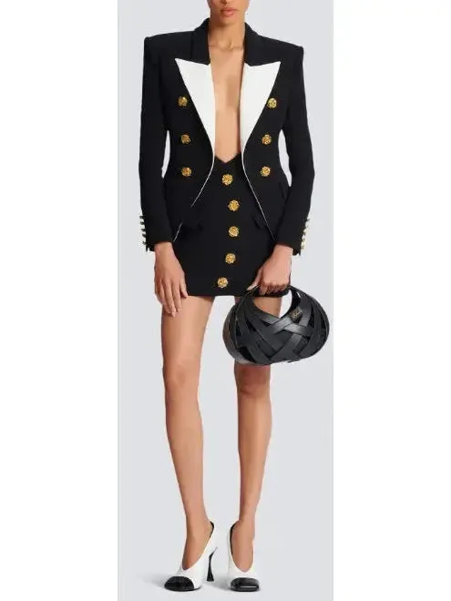 Black & White Slim-Fit Jacket with Roses Buttons