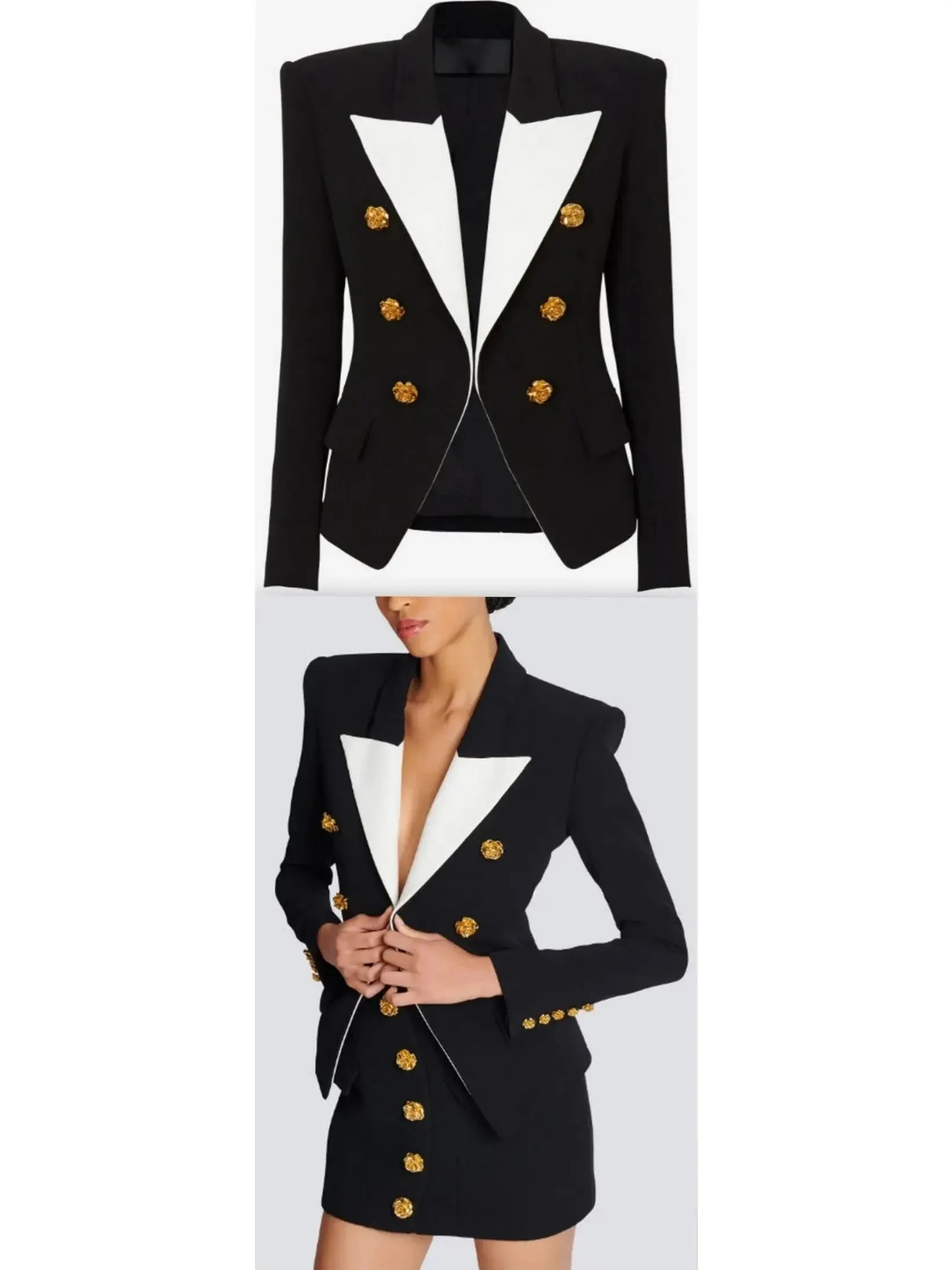 Black & White Slim-Fit Jacket with Roses Buttons