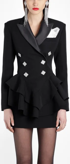 Black Ruffle Double-Breasted Blazer