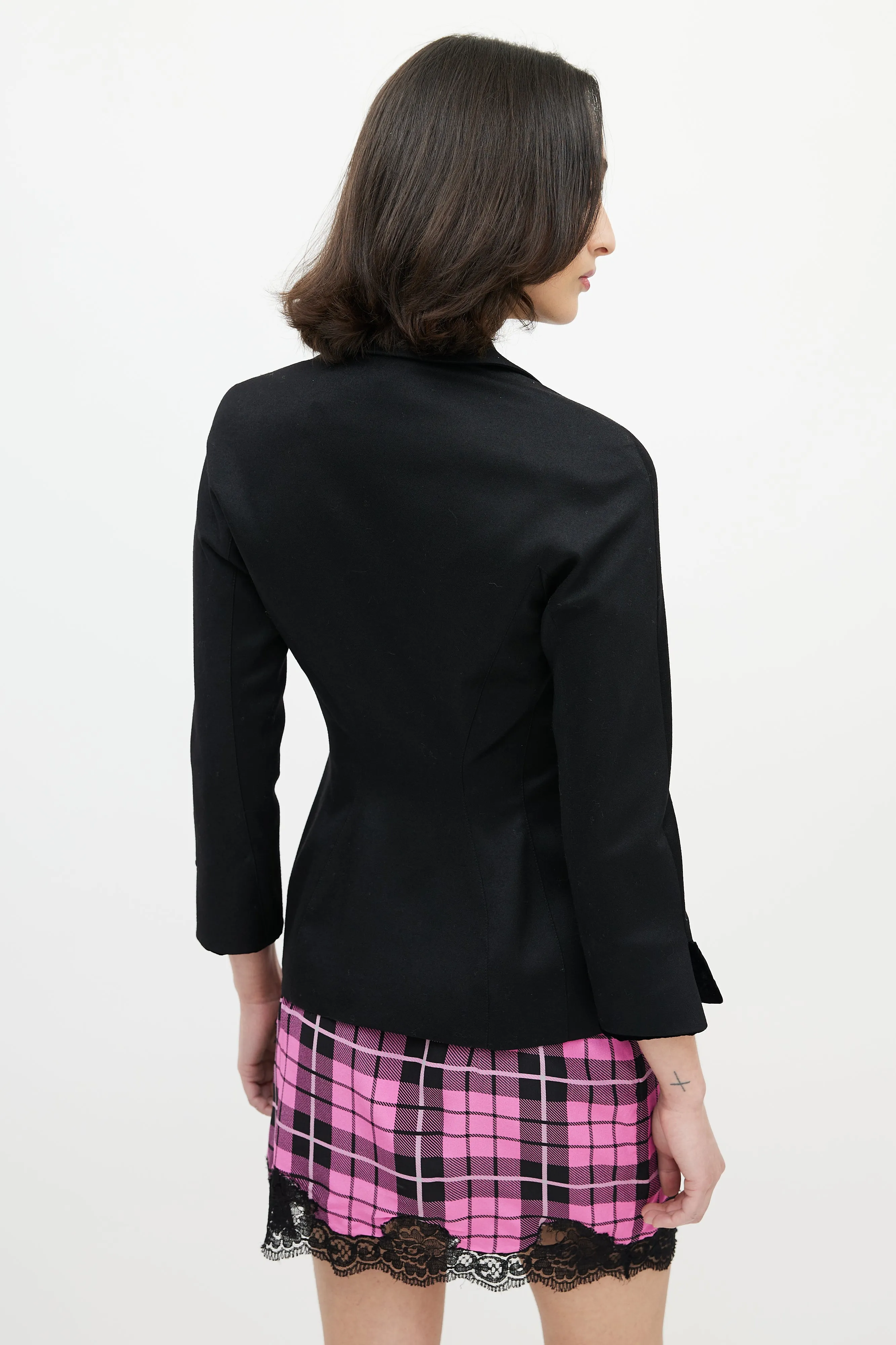 Black Wool & Velvet Trim Peplum Blazer