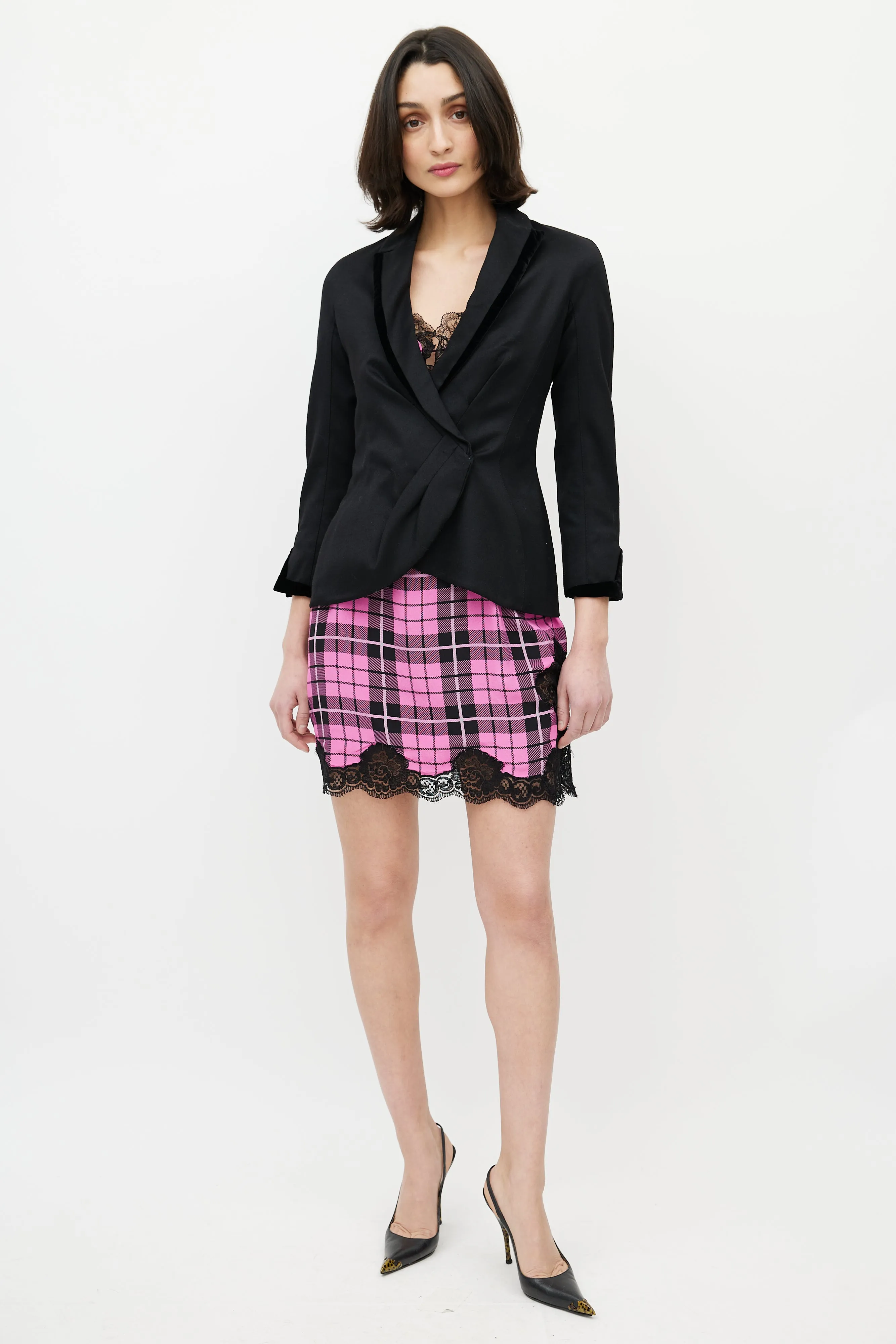 Black Wool & Velvet Trim Peplum Blazer