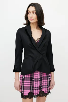 Black Wool & Velvet Trim Peplum Blazer