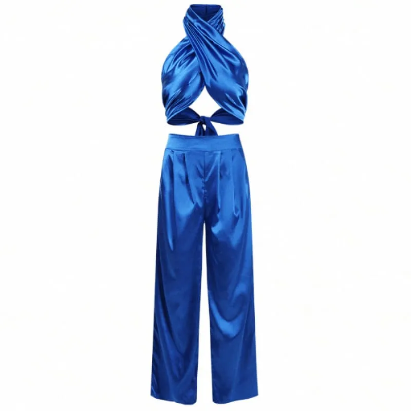 Blue Halter Wrap Top And Palazzo Satin Pants Set