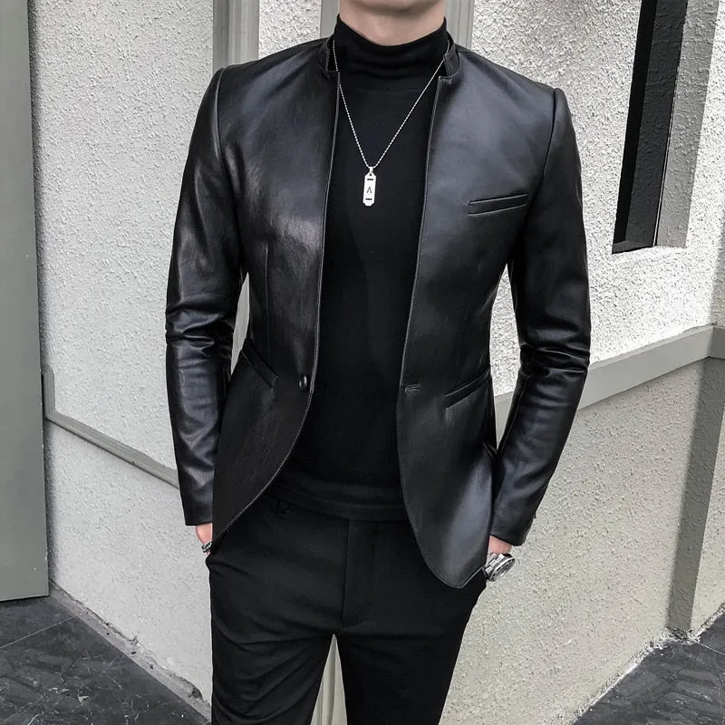 Fashion Men's Casual Leather Slim fit Blazers