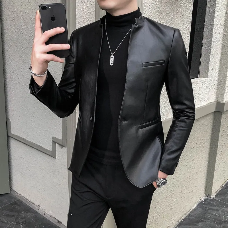 Fashion Men's Casual Leather Slim fit Blazers