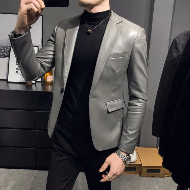 Fashion Men's Casual Leather Slim fit Blazers