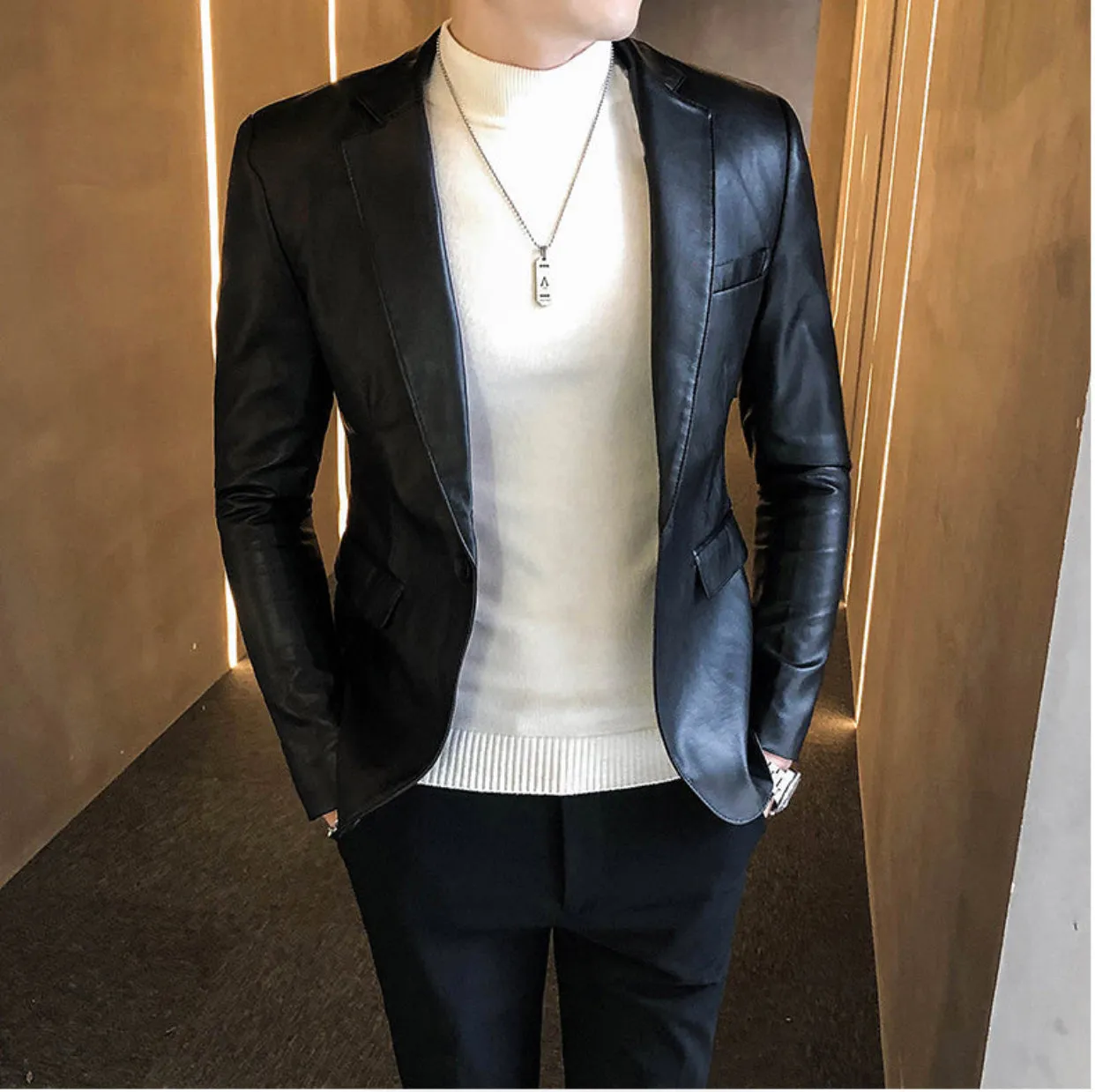 Fashion Men's Casual Leather Slim fit Blazers