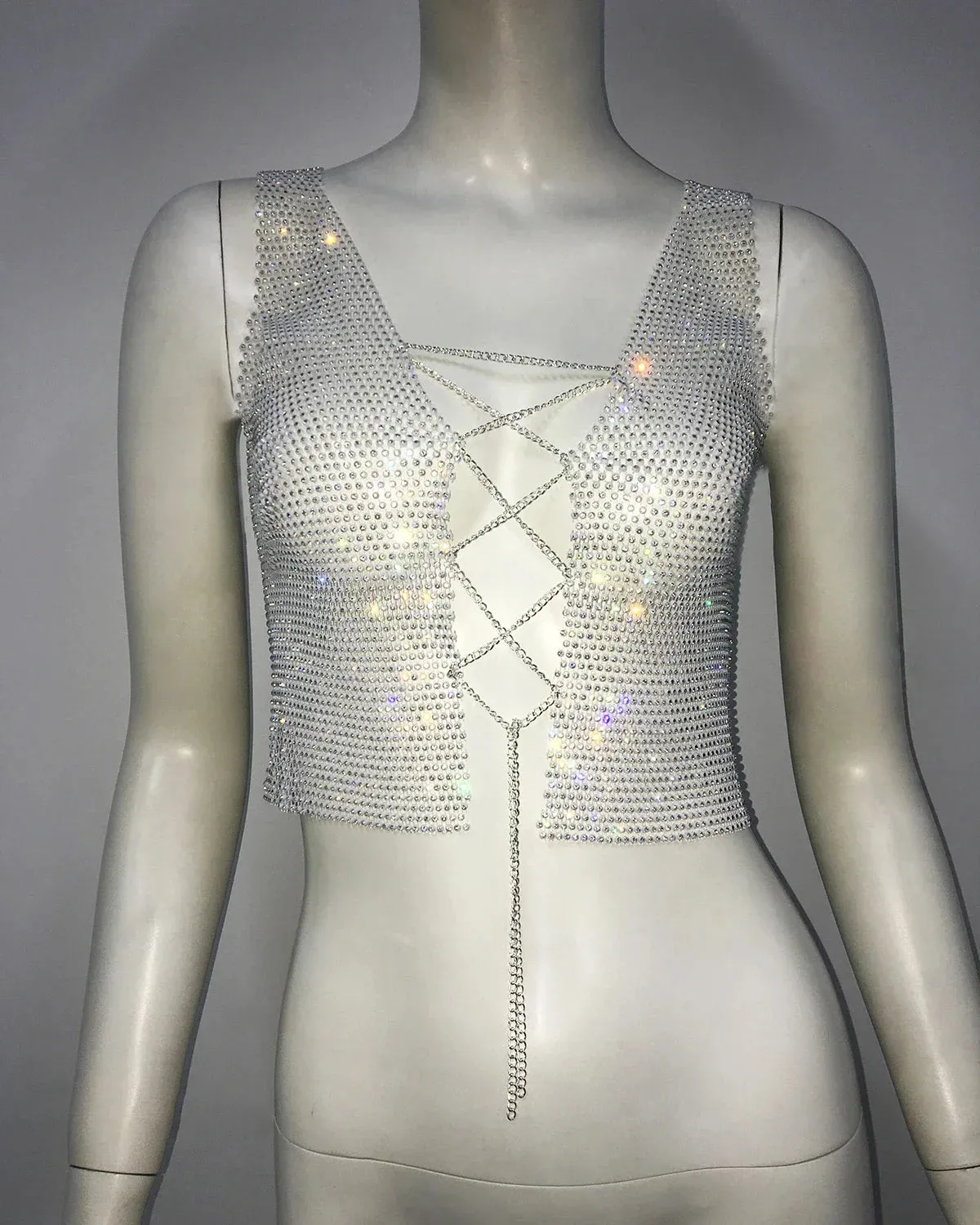 Gothic Nightclub Crop Body Fishnet Drill Sexy Chain Flash Top