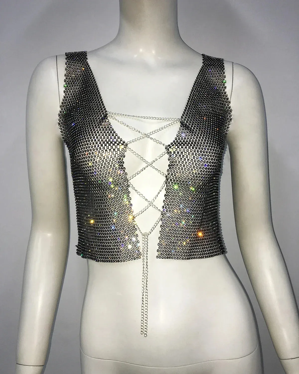 Gothic Nightclub Crop Body Fishnet Drill Sexy Chain Flash Top