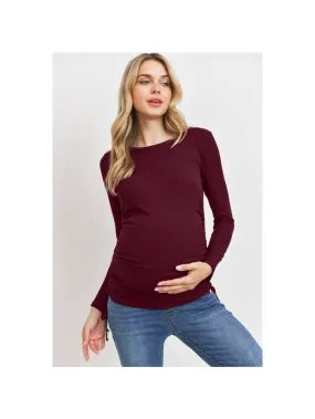 Long Sleeve Adjustable Drawstring Ribbed Maternity Top - Burgundy