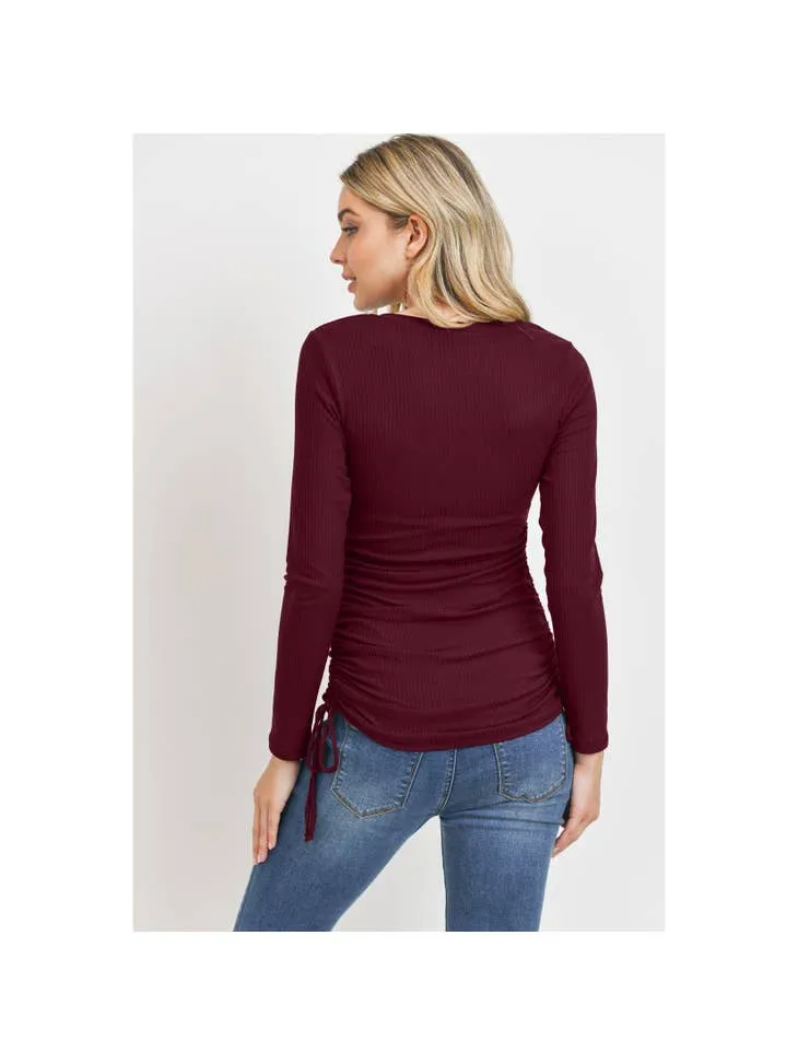Long Sleeve Adjustable Drawstring Ribbed Maternity Top - Burgundy