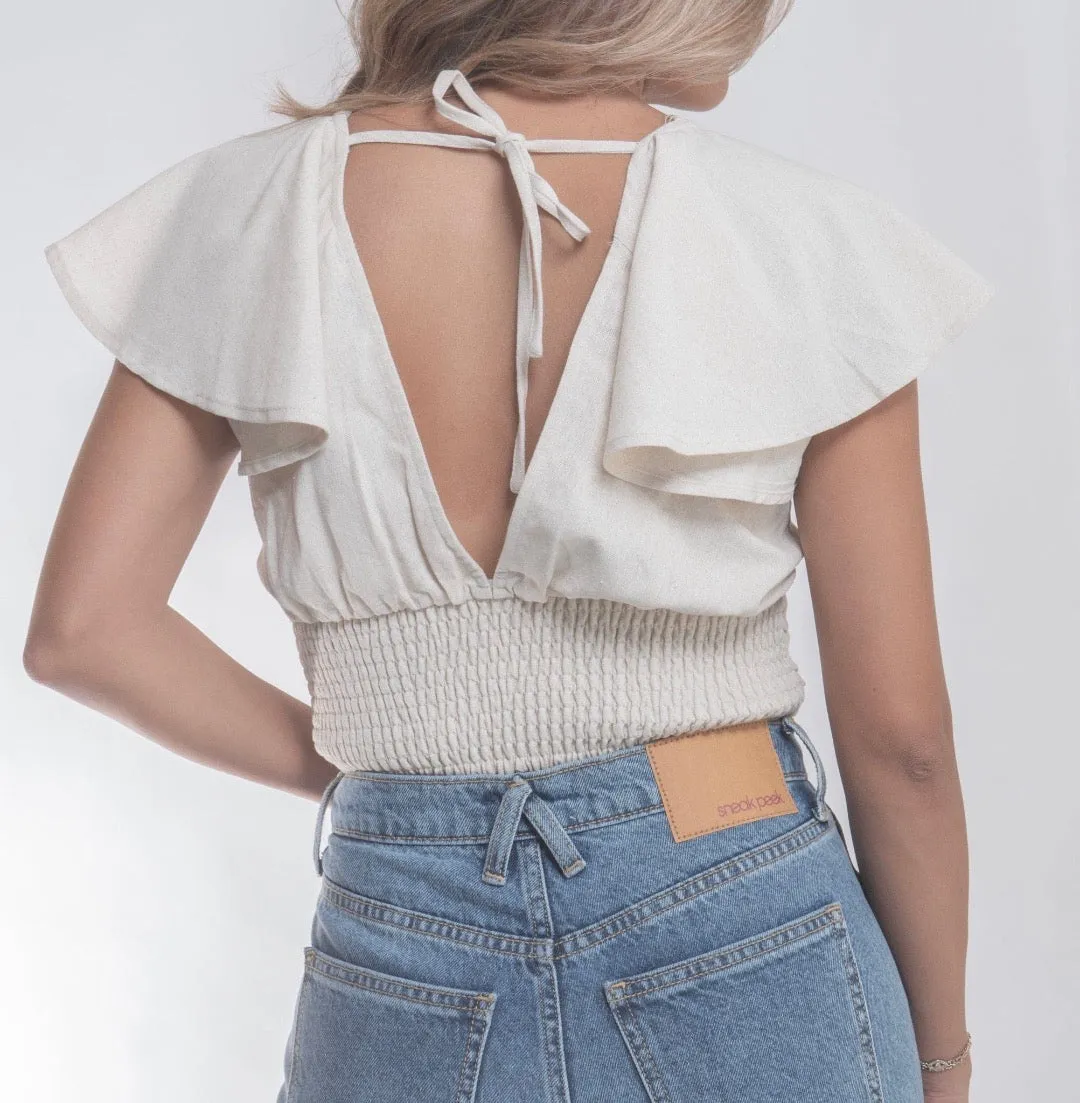 Marbella Flutter Sleeve Linen Top