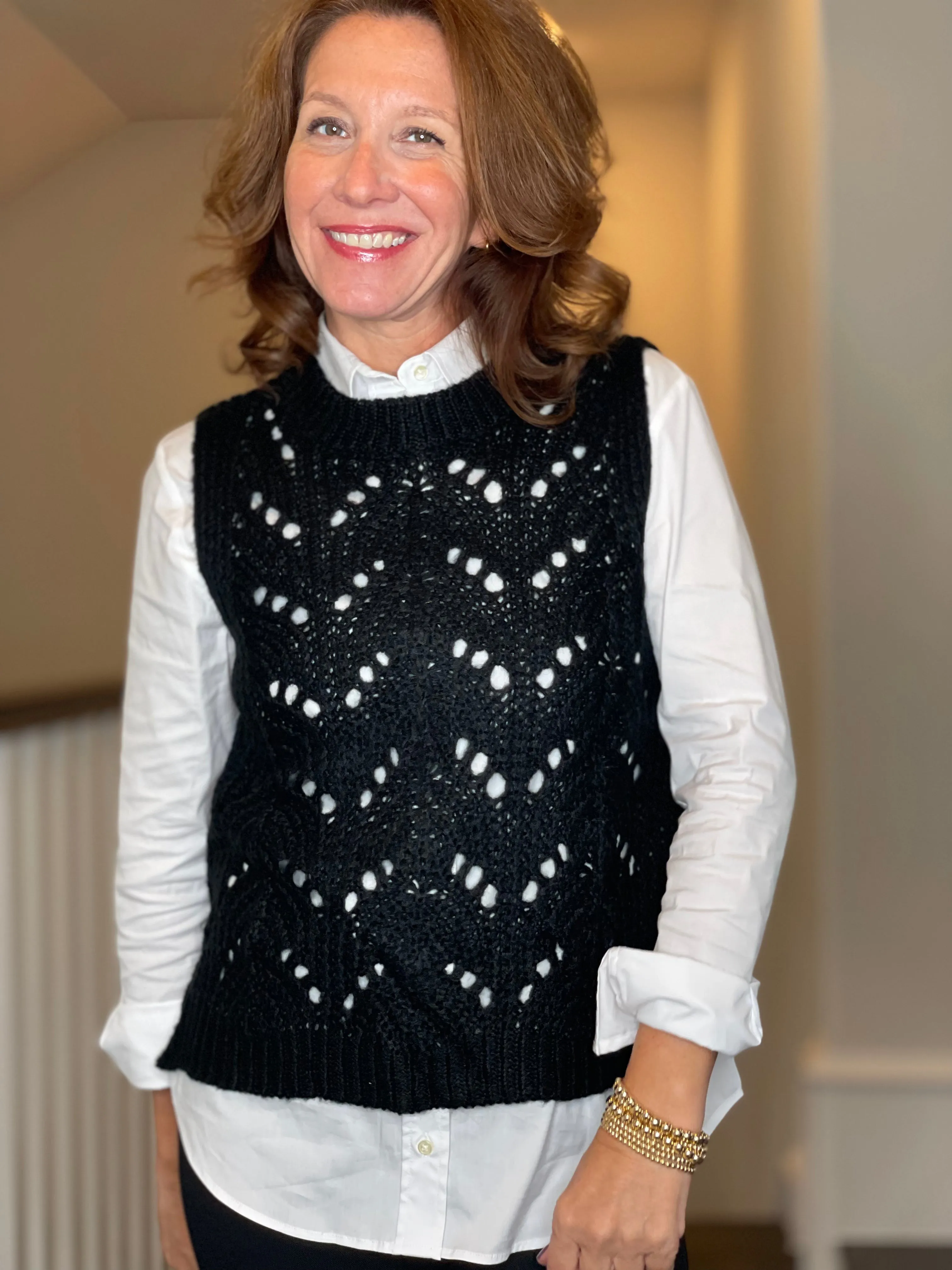 Molly Bracken Pointelle Crew Neck Vest in Black