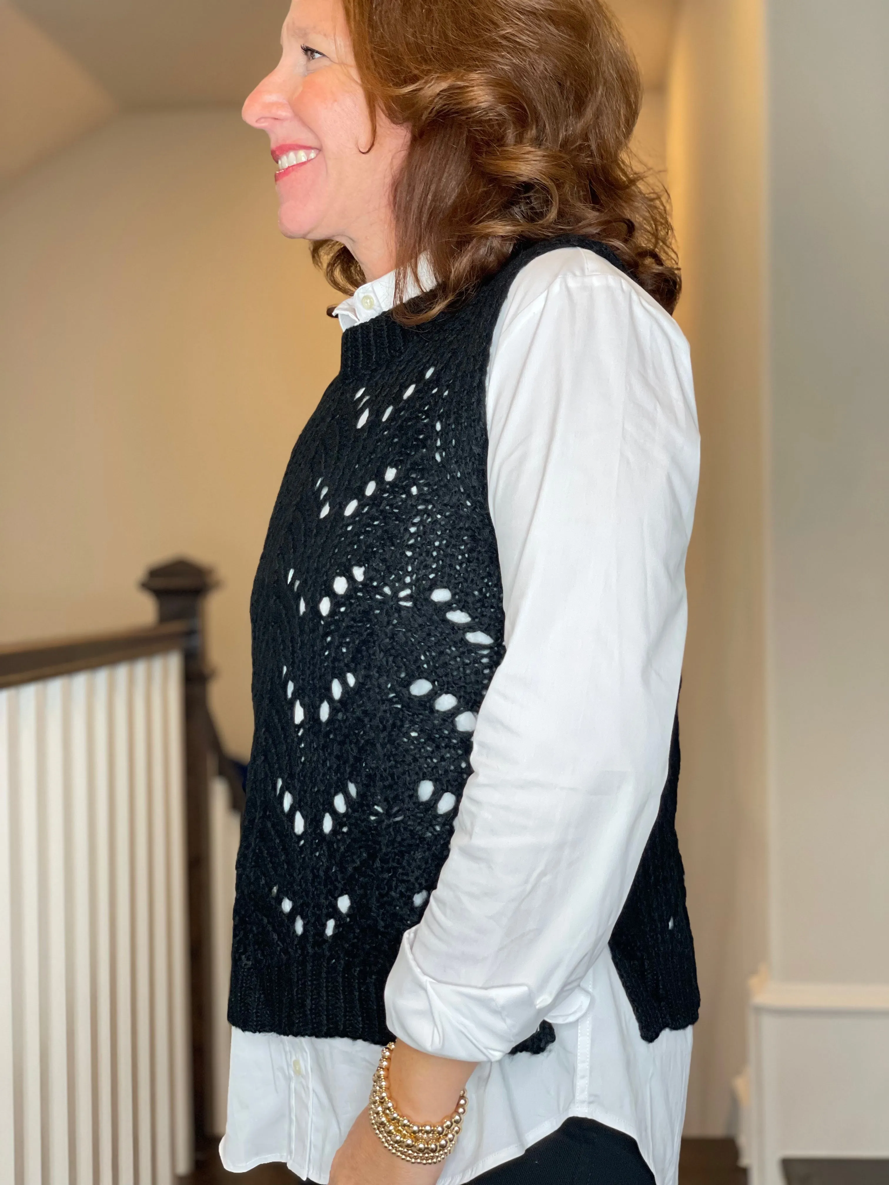 Molly Bracken Pointelle Crew Neck Vest in Black