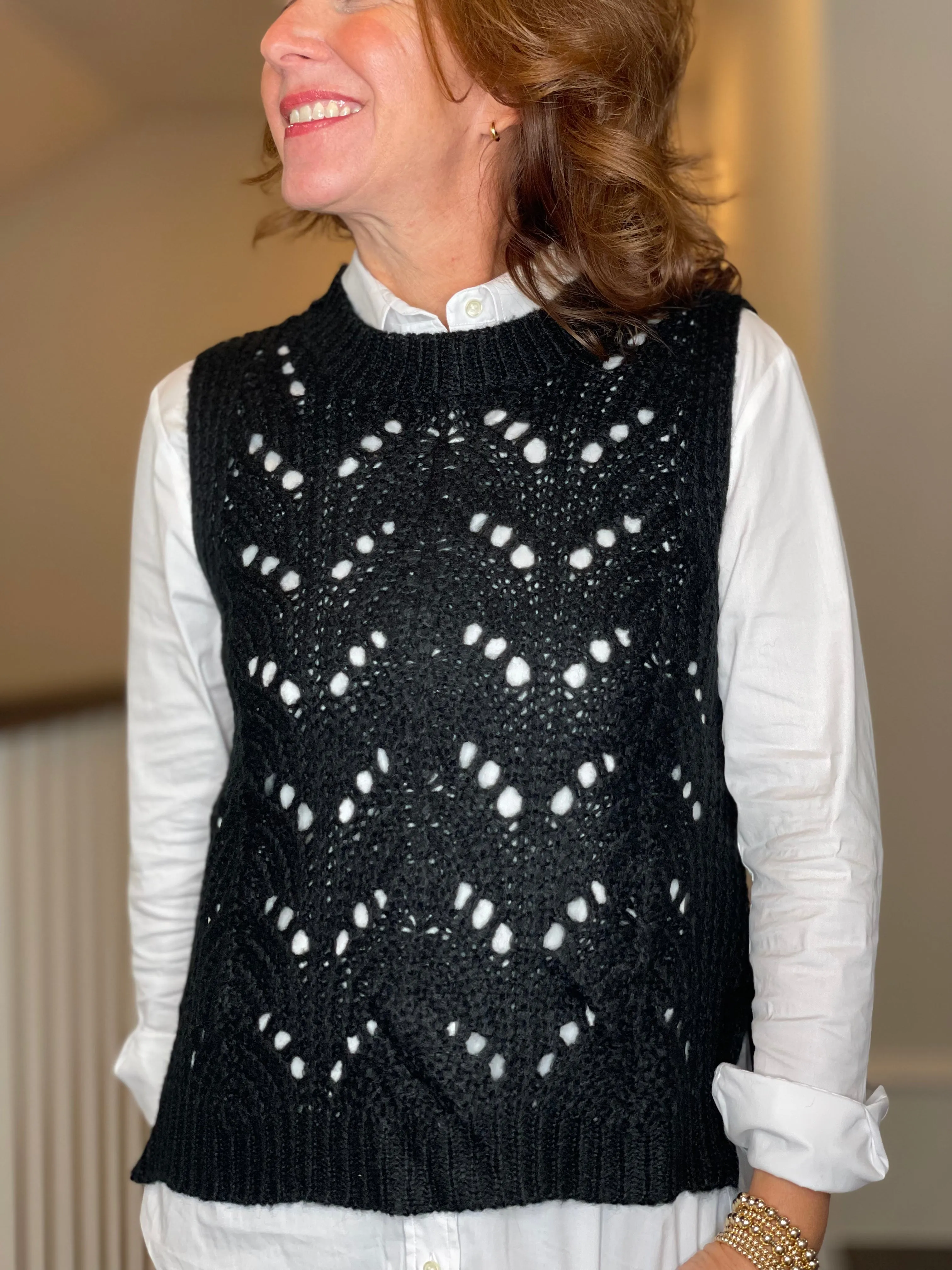 Molly Bracken Pointelle Crew Neck Vest in Black