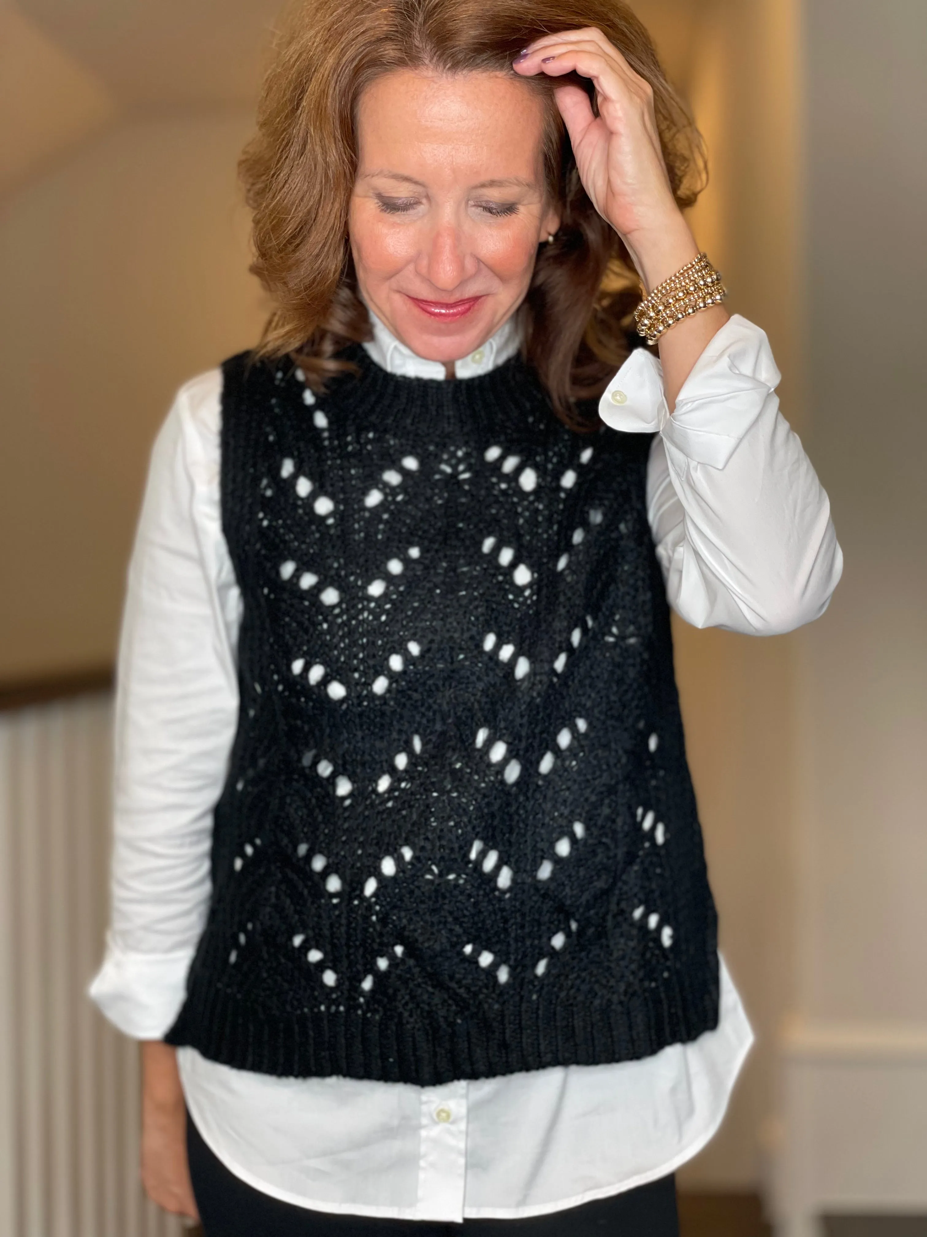 Molly Bracken Pointelle Crew Neck Vest in Black
