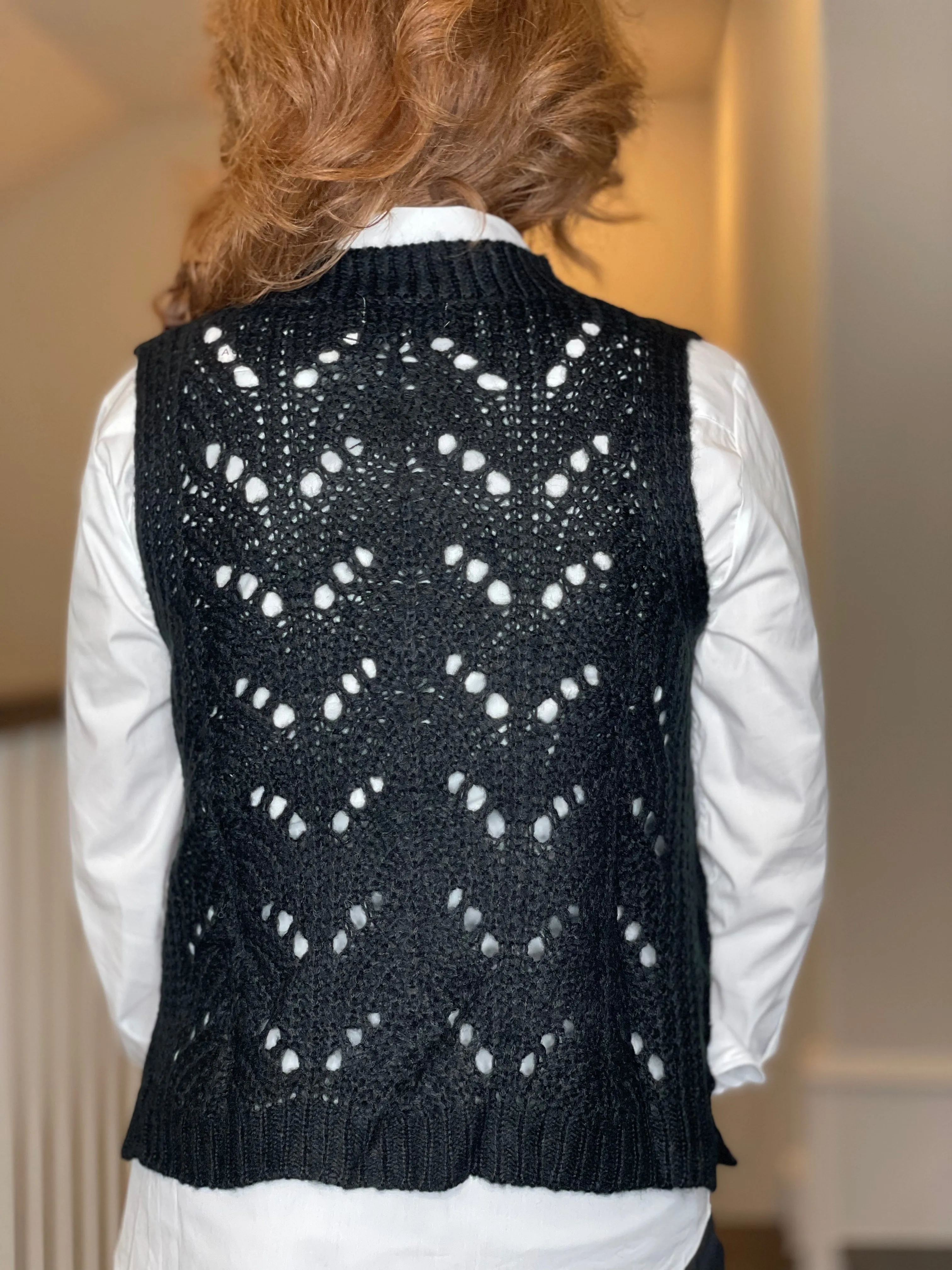Molly Bracken Pointelle Crew Neck Vest in Black