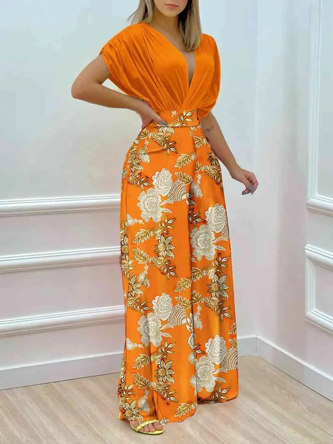 Printed Surplice Top and Wide Leg Pants Set