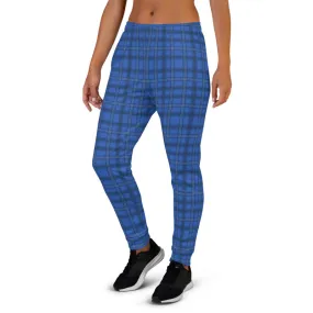 Royal Blue Plaid Print Sweatpants, Best Preppy Luxury Designer Women's Joggers-Made in EU