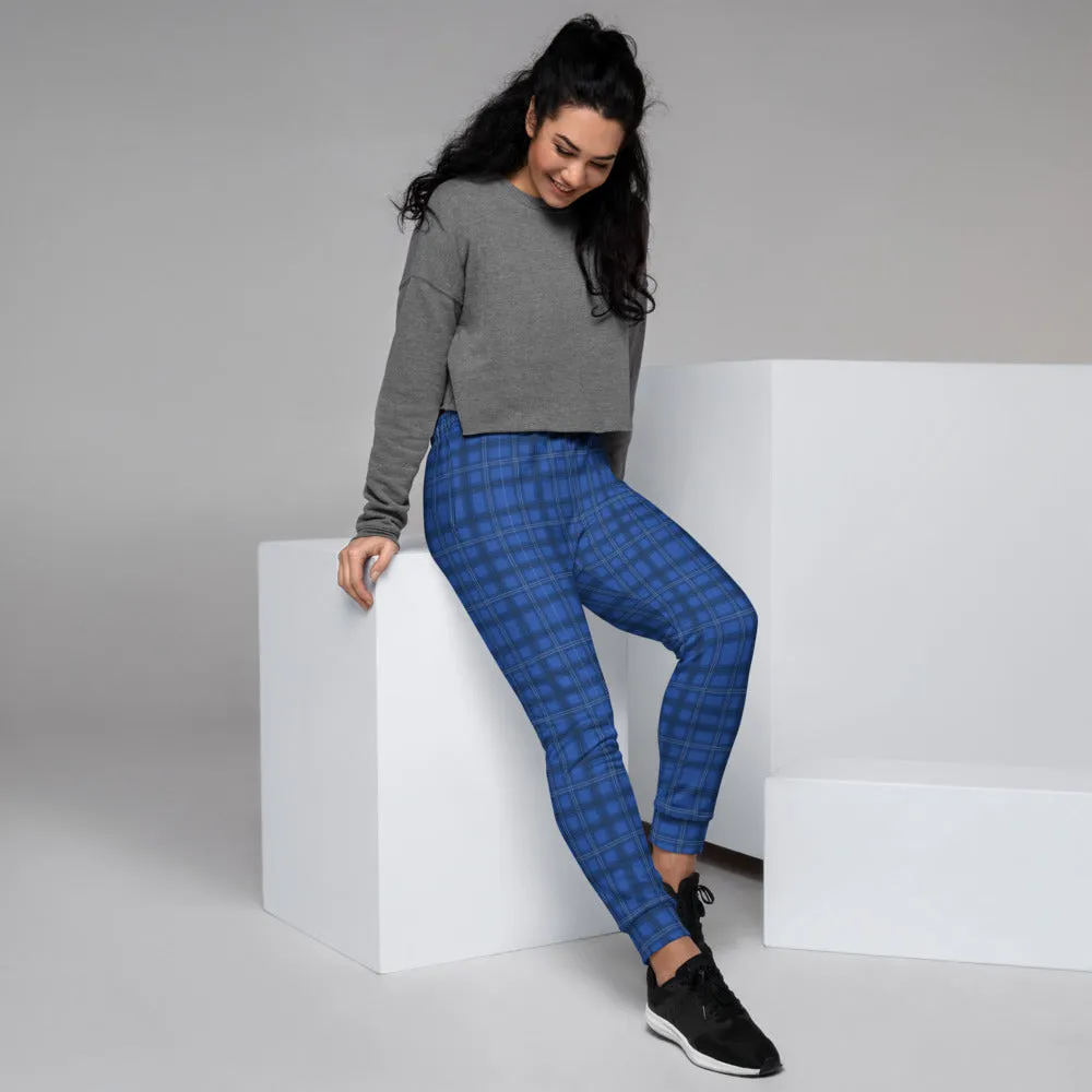 Royal Blue Plaid Print Sweatpants, Best Preppy Luxury Designer Women's Joggers-Made in EU