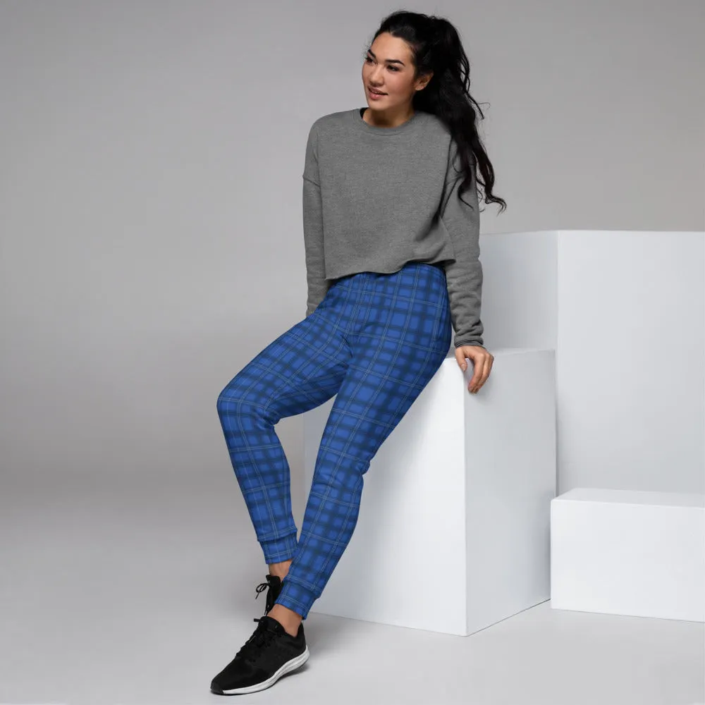 Royal Blue Plaid Print Sweatpants, Best Preppy Luxury Designer Women's Joggers-Made in EU
