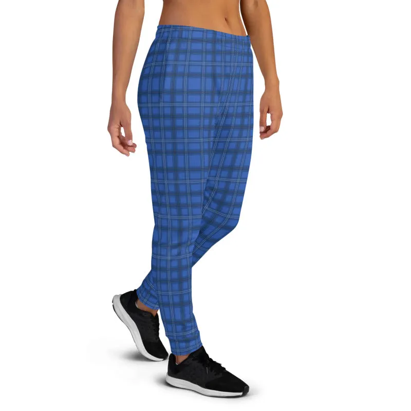 Royal Blue Plaid Print Sweatpants, Best Preppy Luxury Designer Women's Joggers-Made in EU