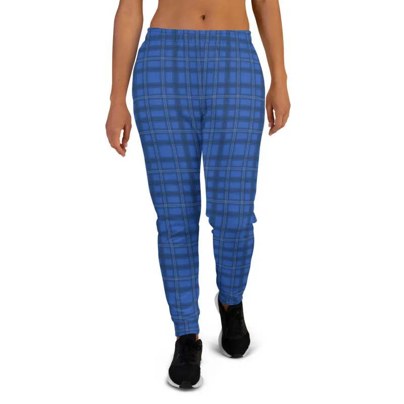 Royal Blue Plaid Print Sweatpants, Best Preppy Luxury Designer Women's Joggers-Made in EU