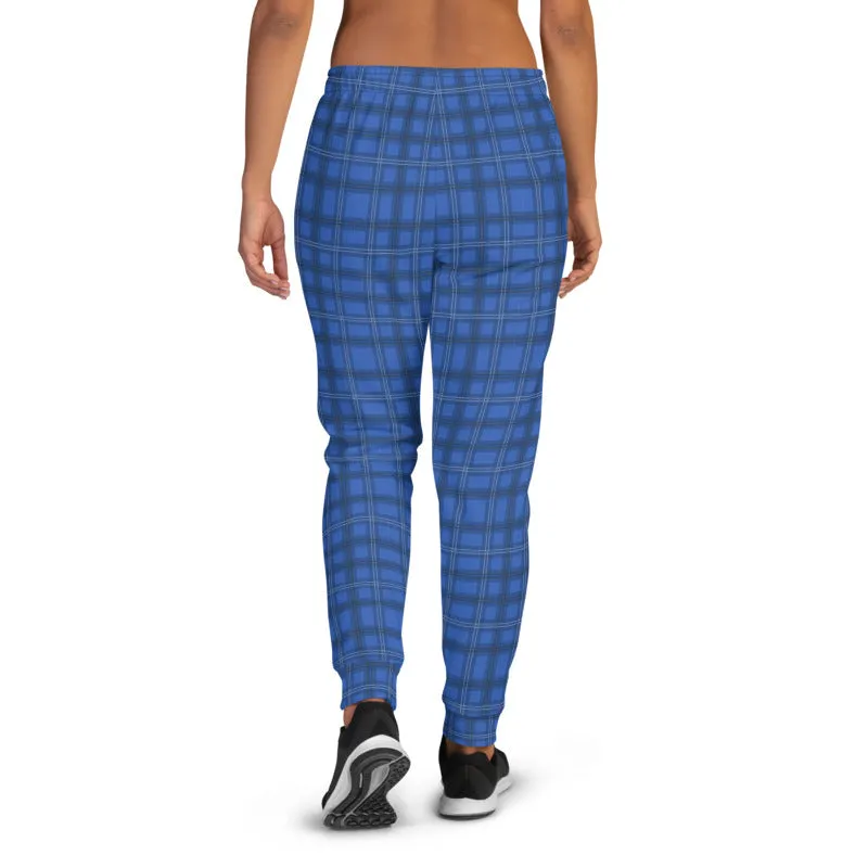 Royal Blue Plaid Print Sweatpants, Best Preppy Luxury Designer Women's Joggers-Made in EU