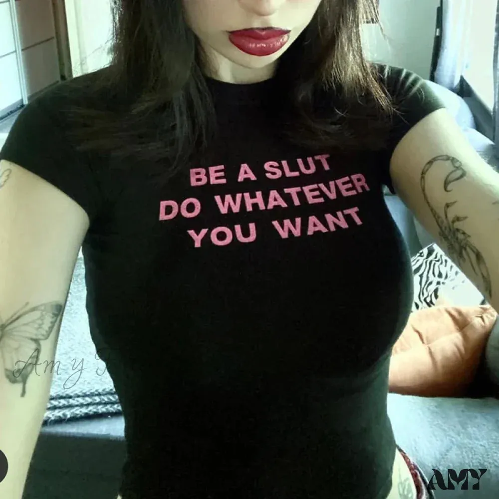 Streetwear Y2k Style Goth Slim Vintage Letter Print Hip Hop Summer T-Shirt Crop Top