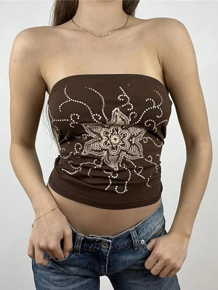 Vintage Floral Print Sleeveless Crop Top for Women