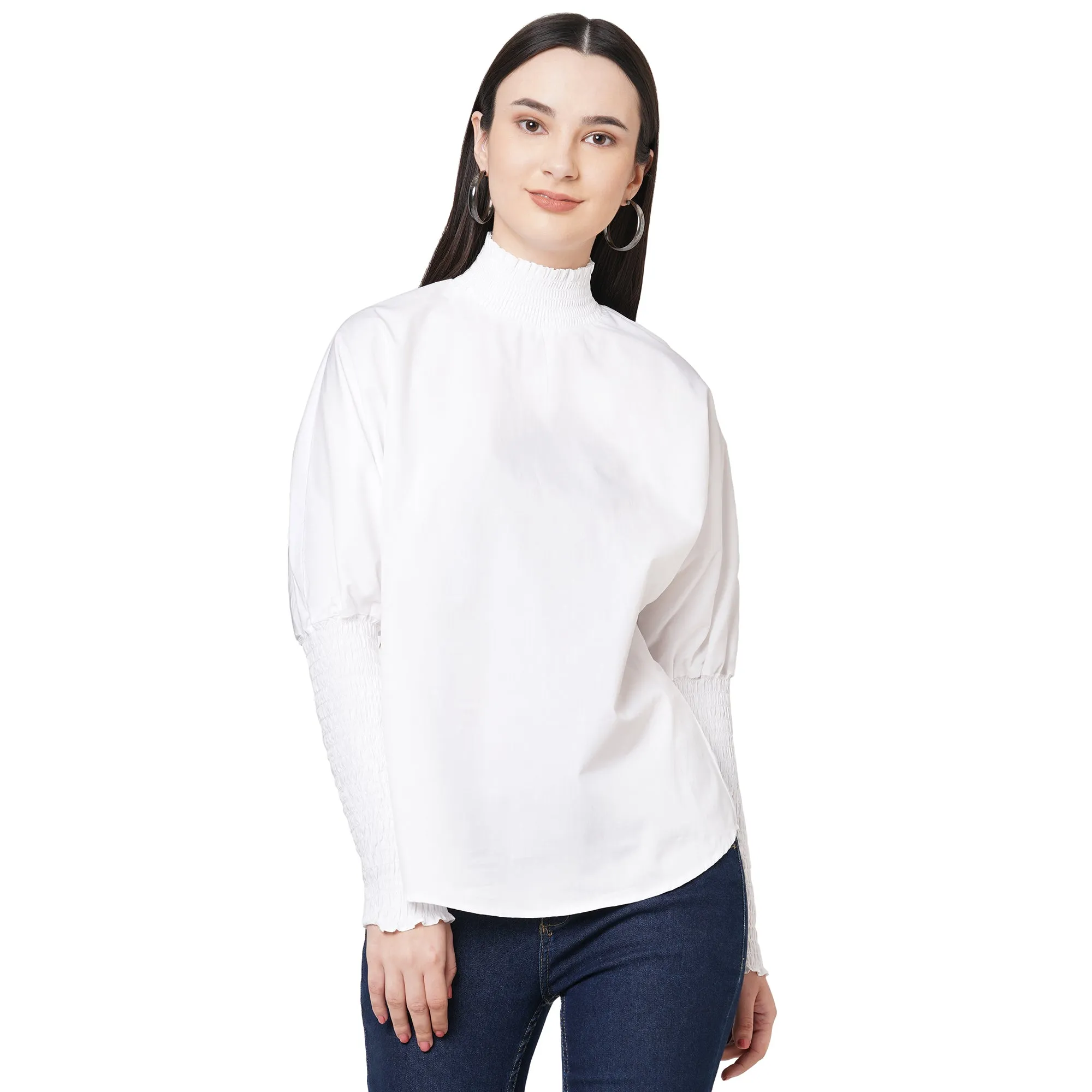 White Solid High Neck Top For Women