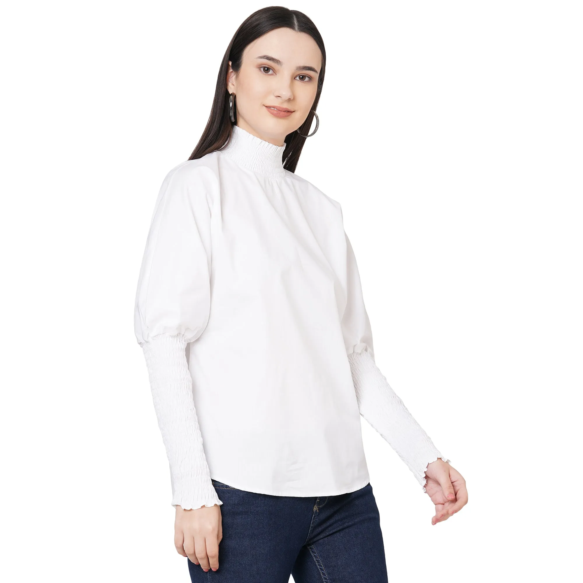 White Solid High Neck Top For Women