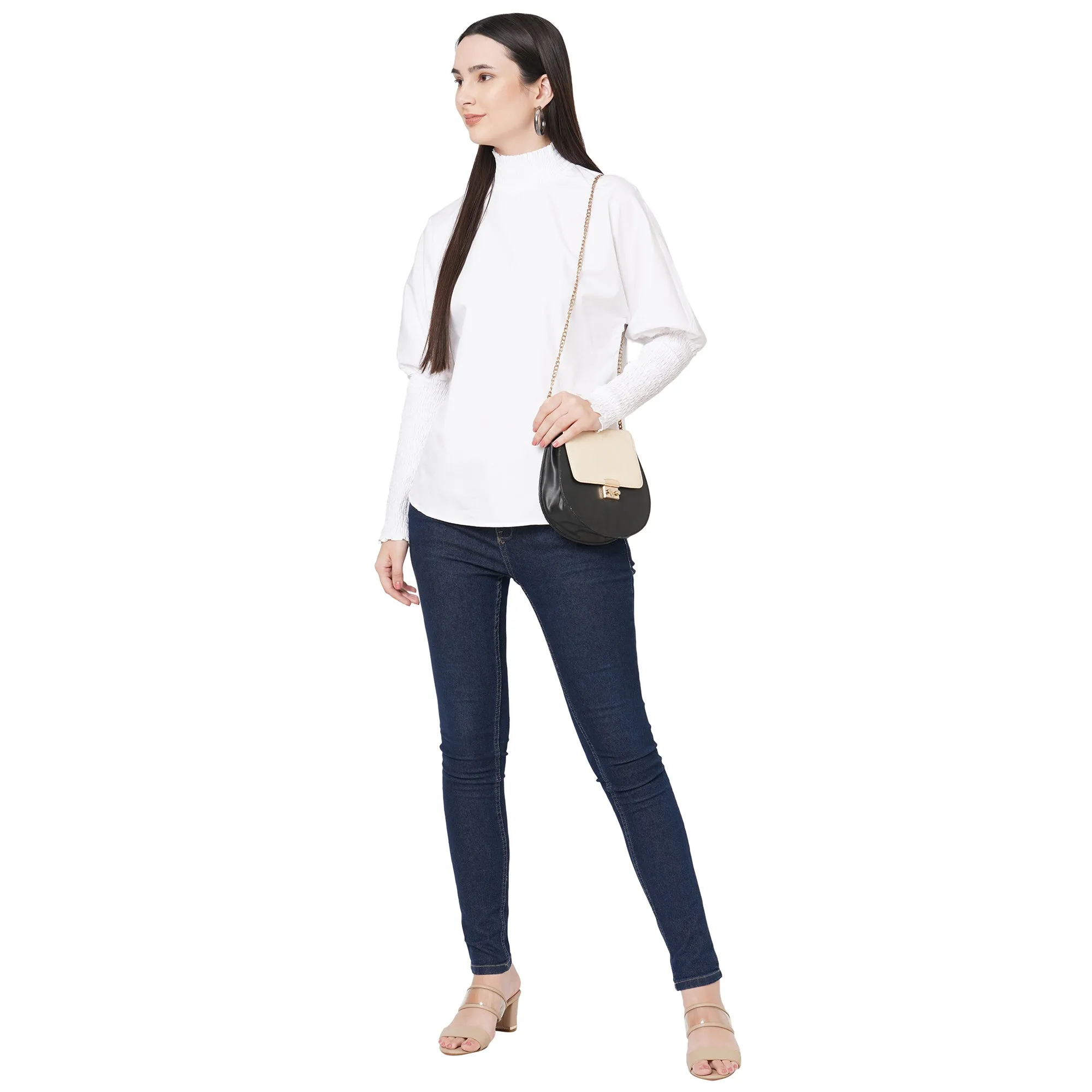 White Solid High Neck Top For Women